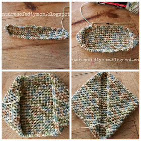 4 images of crocheted hot pads in various stages of completion