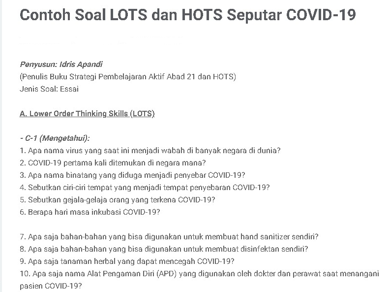 Contoh Soal LOTS dan HOTS Seputar COVID19 SD NEGERI Contoh Soal LOTS dan HOTS Seputar COVID19 SD NEGERI