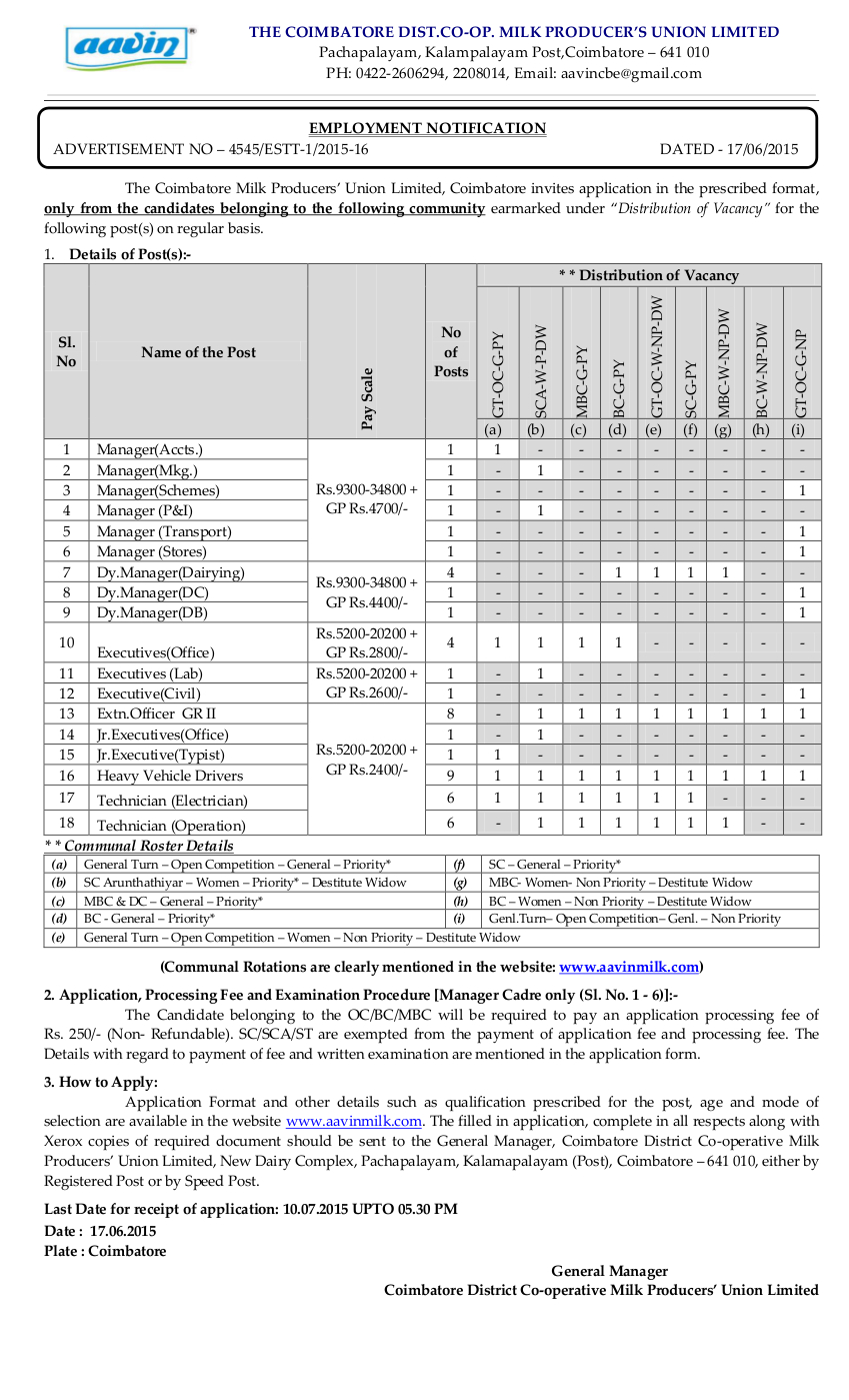 Aavin Coimbatore Recruitments 2015 Manager, Dy Manager, Office