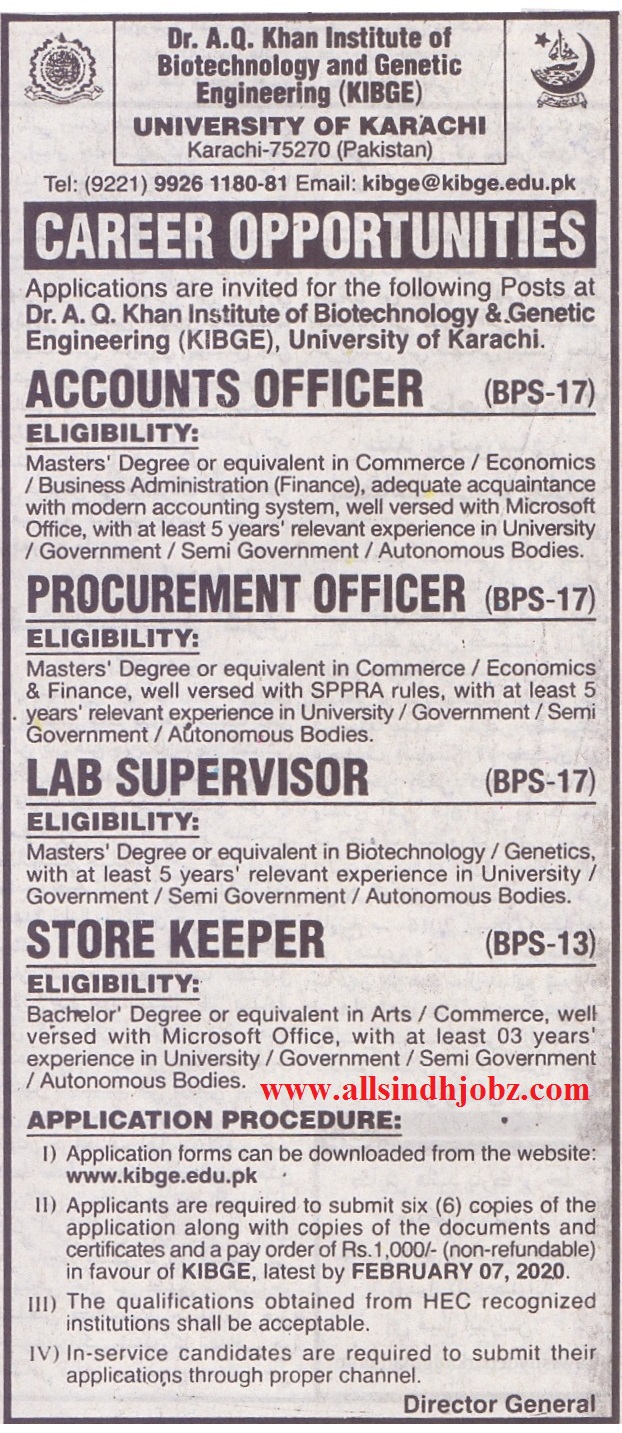 University of Karachi Jobs for Lab Supervisor 2020