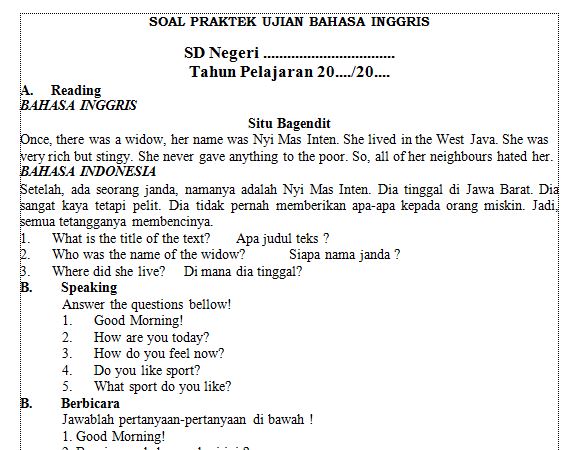 Ujian praktek bahasa inggris kelas 6