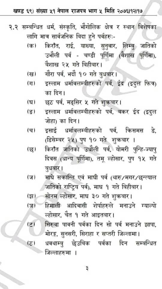 Nepal's Public Holidays of 2077 B.S. Published In Nepal Rajpatra
