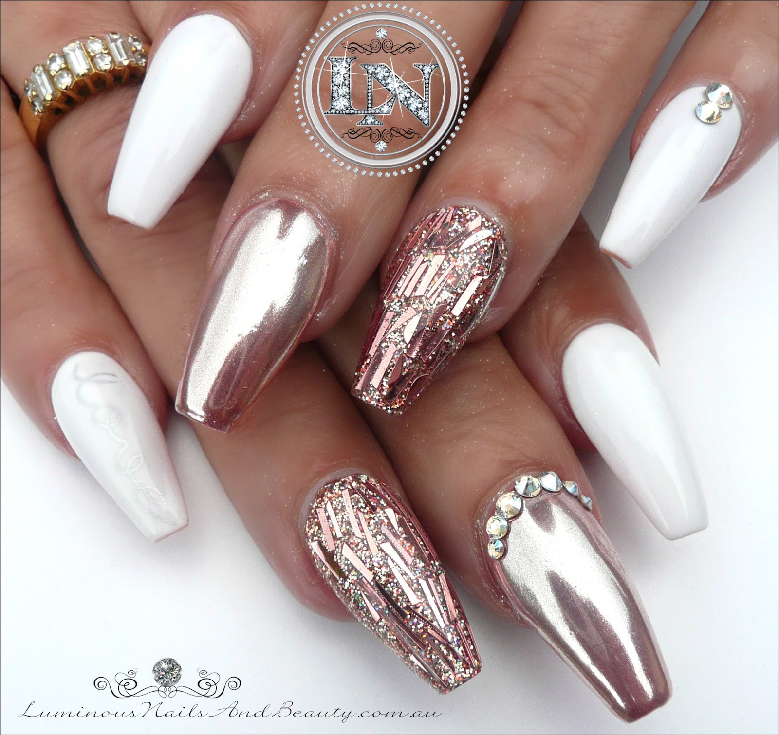 Luminous Nails Glamorous Rose Gold Chrome White Gel Nails Sculptured Acrylic Stunning