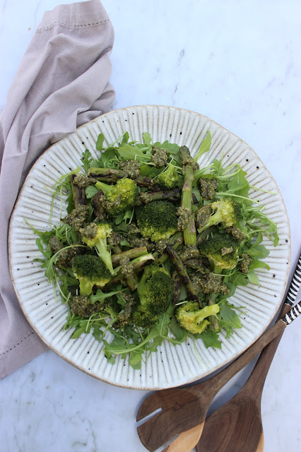asparagus and broccoli salad with pesto dressing
