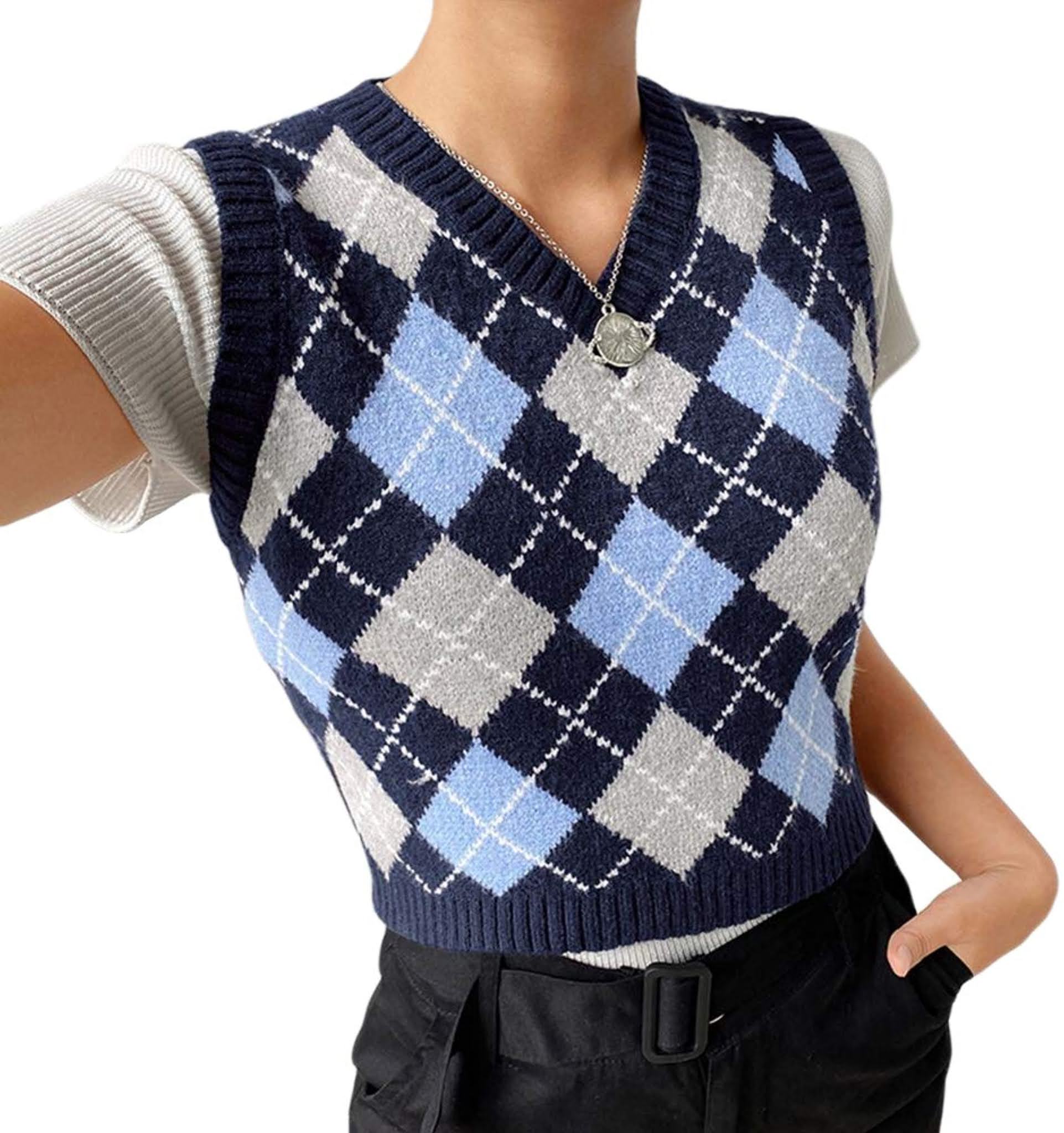 Women Argyle Sweater Vest Y2k Sleeveless V Neck Knitwear Tank Tops