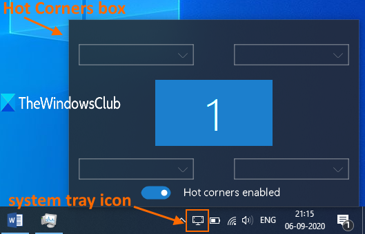 klik op het systeemvakpictogram om de hot corners-box te openen