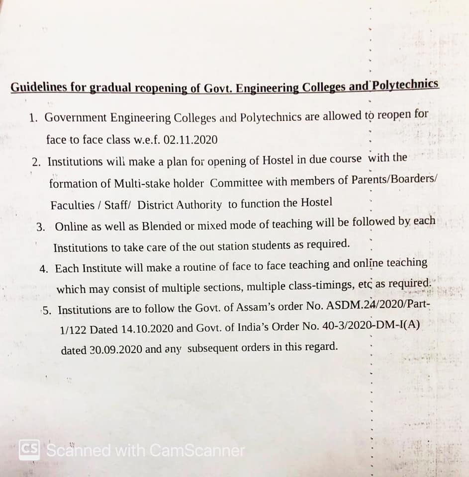 Guidelines for reopening of Polytechnics and Govt. Engineering Colleges in Assam