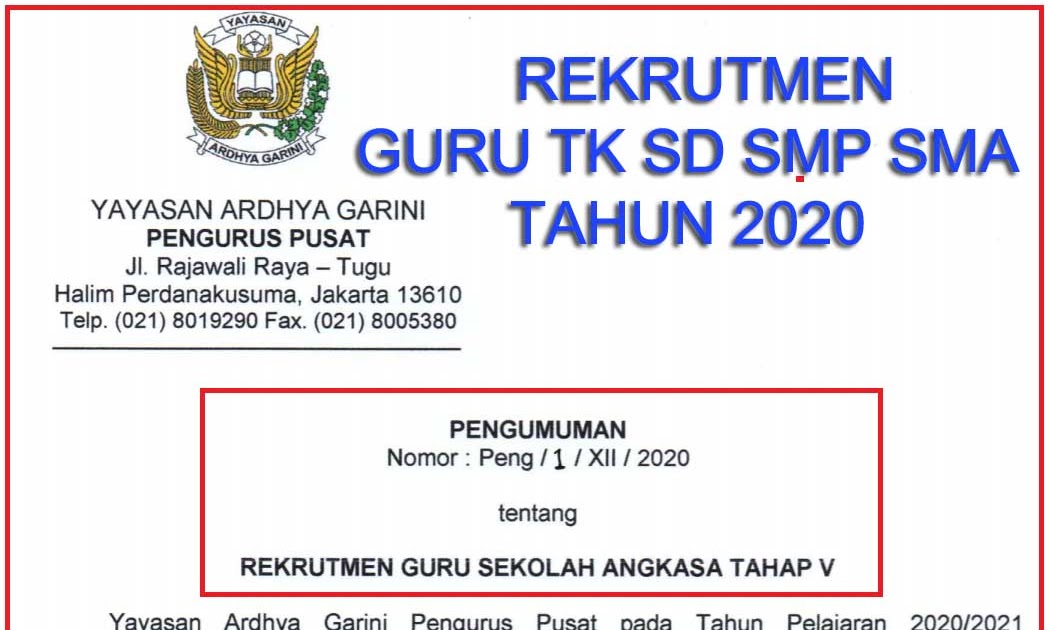 Lowongan Kerja Guru PAUD SD SMP SMA SMK SLB Di Yayasan Ardhya Garini