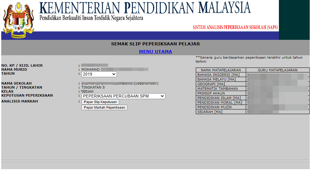 Percubaan spm result SAPS Ibu