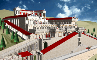 The temple complex adorned with red banners for sacred rites to Fortuna, the Goddess of Fate, and Prosperity. Sanctuary of Fortuna Primigenia Virtual Tour provided with the permission of 3d model and virtual tour creator, Darren / Logan5Ariel