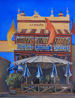 plein air oil painting of the heritage architecture, the A.C.Stearns building,George Street Windsor,(Windsor Seafoods), painted by artist Jane Bennett