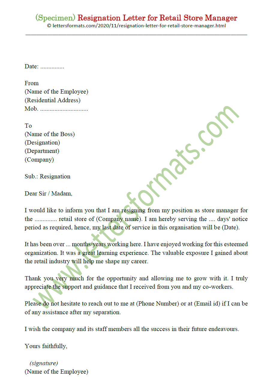 Retail Store Manager Resignation Letter