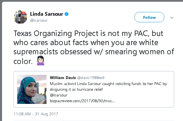 Sarsour: If you have a problem with my stealing hurricane relief money, you are a racist! Sarsour%2Btweet