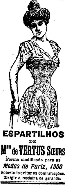 Propaganda de Espartilhos no ano de 1900. Produto usado para modelar a cintura e a região dos seios.