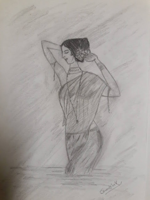 Indian woman in wet saree, pencil sketches easy,drawing woman