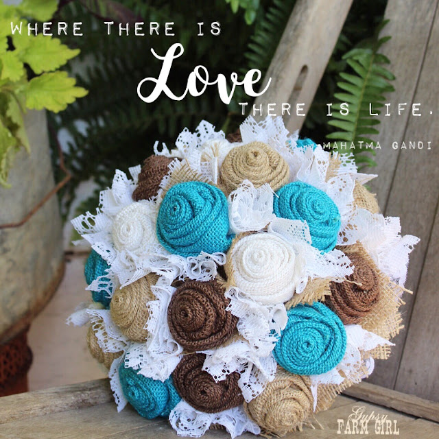 turquoise burlap and lace bridal bouquet