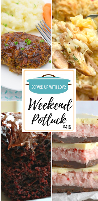 Weekend Potluck featured recipes include Slow Cooker Pork Chops and Rice, Air Fryer Loaded Mini Meatloaf, Strawberry Coconut Chocolate Bars, Chocolate Crazy Cake, and so much more.