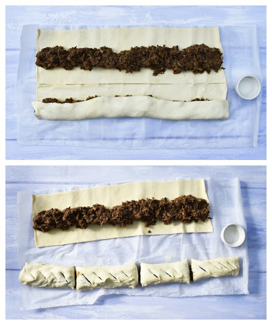 Making mushroom and chestnut sausage rolls - step 5 rolling pastry