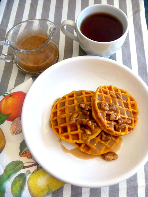 Pumpkin Waffles with Maple Walnut Cream Syrup:  With an easy to make batter these toasty and fluffy waffles, bursting with warm spices and pumpkin flavors, will be on your table in no time. - Make Ahead for Thanksgiving morning! - Slice of Southern