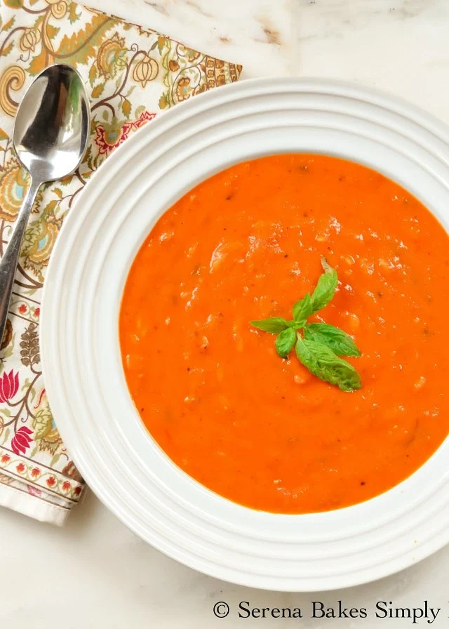 How to make Roasted Tomato Basil Soup With Orzo with fresh tomatoes from Serena Bakes Simply From Scratch.