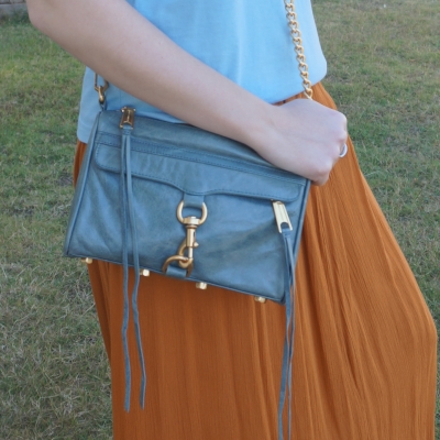 orange ochre maxi skirt with blue Rebecca Minkoff 2012 sky grey mini MAC bag | awayfromtheblue