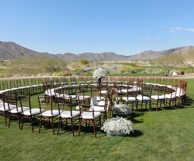 Wedding Ideas - How to keep your guests WOWed - Charvari chairs with white padding set up in spiral style for a wedding ceremony - Wedding ideas Blog by K’Mich, Philadelphia’s premier resource for wedding planning and inspiration