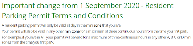 From the 1st September residents can only park all day in their own mini zone