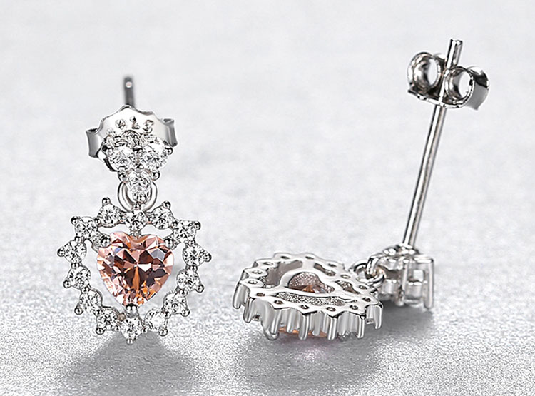 珊瑚橘愛心人造寶石 925純銀鋯石耳環