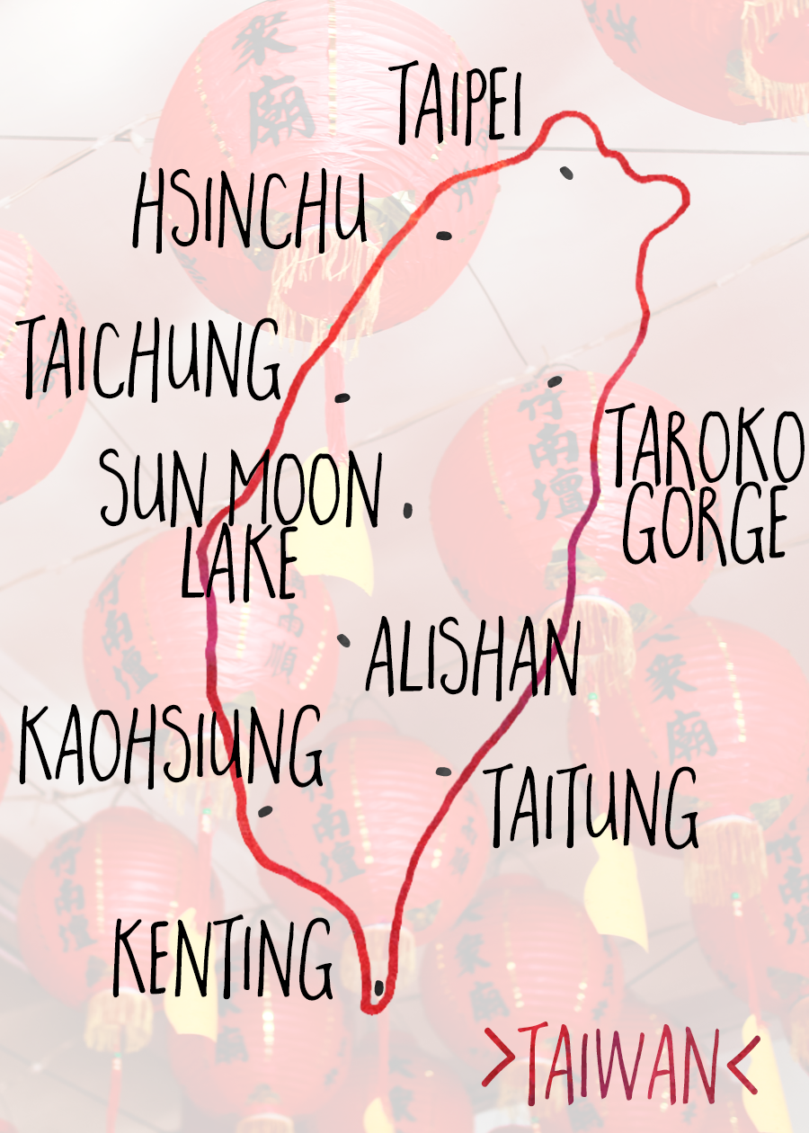 hand drawn map of Taiwan | this posts breaks down some of the most popular and recommended destinations for traveling in Taiwan