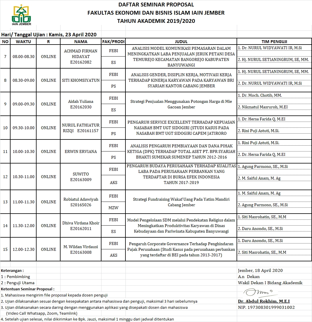 FAKULTAS EKONOMI DAN BISNIS ISLAM Jadwal Seminar PROPOSAL