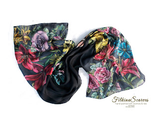Floral Silk chiffon scarf | OOAK HAND-PAINTED | Wedding Gift Idea |Women Birthday Gifts | Evening dress shawl 
