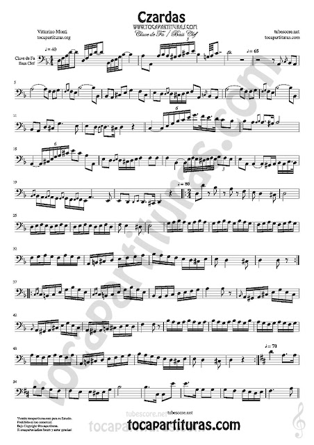 Hoja 1  Partitura de Czardas en Clave de Fa para Trombón, Chelo, Fagot, Bombardino... Sheet Music for Bass Clef trombone cello bassoon euphonium... Music Scores