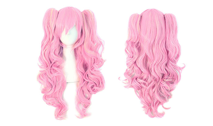 MapofBeauty Multi-color Lolita Long Curly Clip on Ponytails Cosplay Wig (Pink/Blonde)