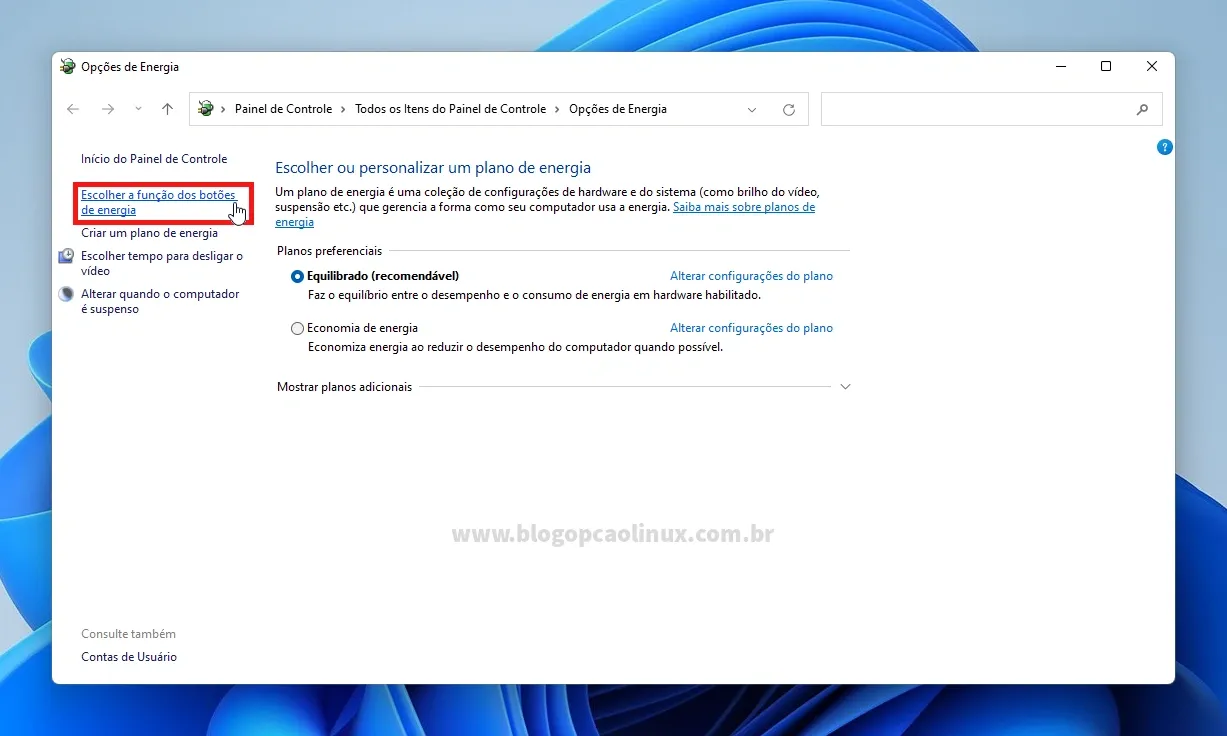 Clique na opção 'Escolher a função dos botões de energia'