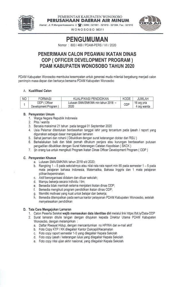 Lowongan Kerja Odp Pdam Kab Wonosobo Sma Smk Ma Agustus 2020 Sekolah Vokasi