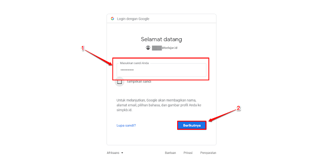 Sistem akan mengarahkan pada laman login akun pembelajaran Anda. Masukan email akun pembelajaran Anda pada form yang diberikan.