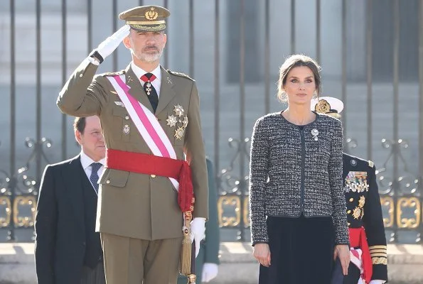 King Felipe and Queen Letizia attended Pascua Militar 2019 celebrations held at Madrid Royal Palace. wear a long dress