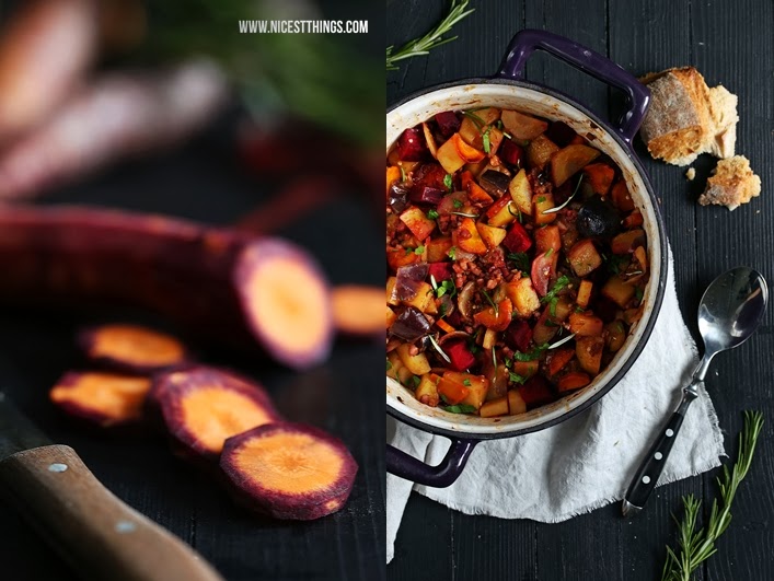 Eintopf im Brot herbstlicher Eintopf Gemüse Chorizo Speck bunte Karotten
