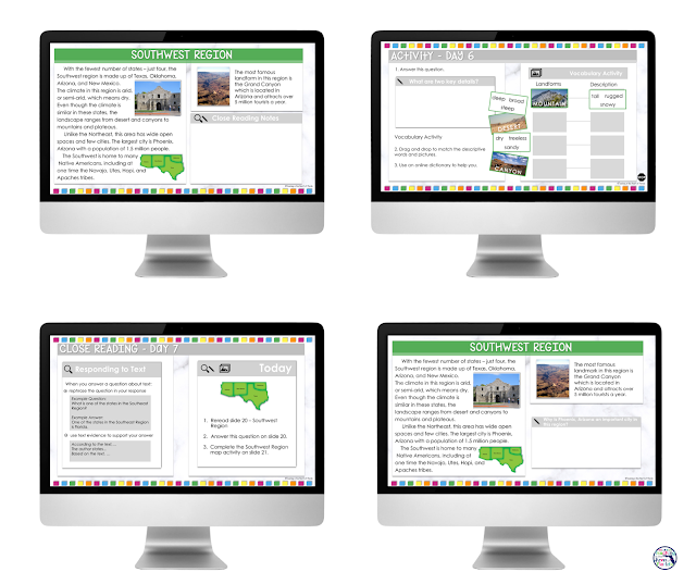  In this post, I show you how you can use Regions of the United States for Google™ Classroom for both in person instruction and distance learning. The 14 day lesson sequence is easy for students to follow and has explicit and clear directions. Close reading, text-dependent questions, vocabulary, graphic organizers, maps, and writing make this unit easy to implement!