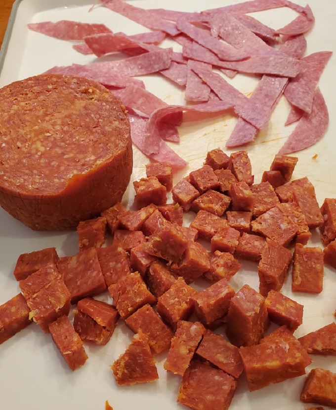 chopped pepperoni and ham
