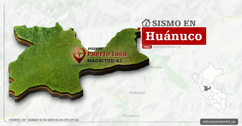 Temblor en Huánuco de Magnitud 4.1 (Hoy Sábado 9 Mayo 2020) Sismo - Epicentro - Puerto Inca - Puerto Inca - IGP - www.igp.gob.pe Temblor en Huánuco de Magnitud 4.1 (Hoy Sábado 9 Mayo 2020) Sismo - Epicentro - Puerto Inca - Puerto Inca - IGP - www.igp.gob.pe