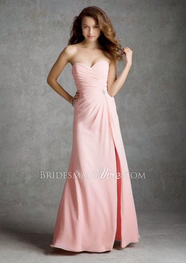 Pink Chiffon Strapless Sweetheart Floor Length Split A-line Bridesmaid Dress-1
