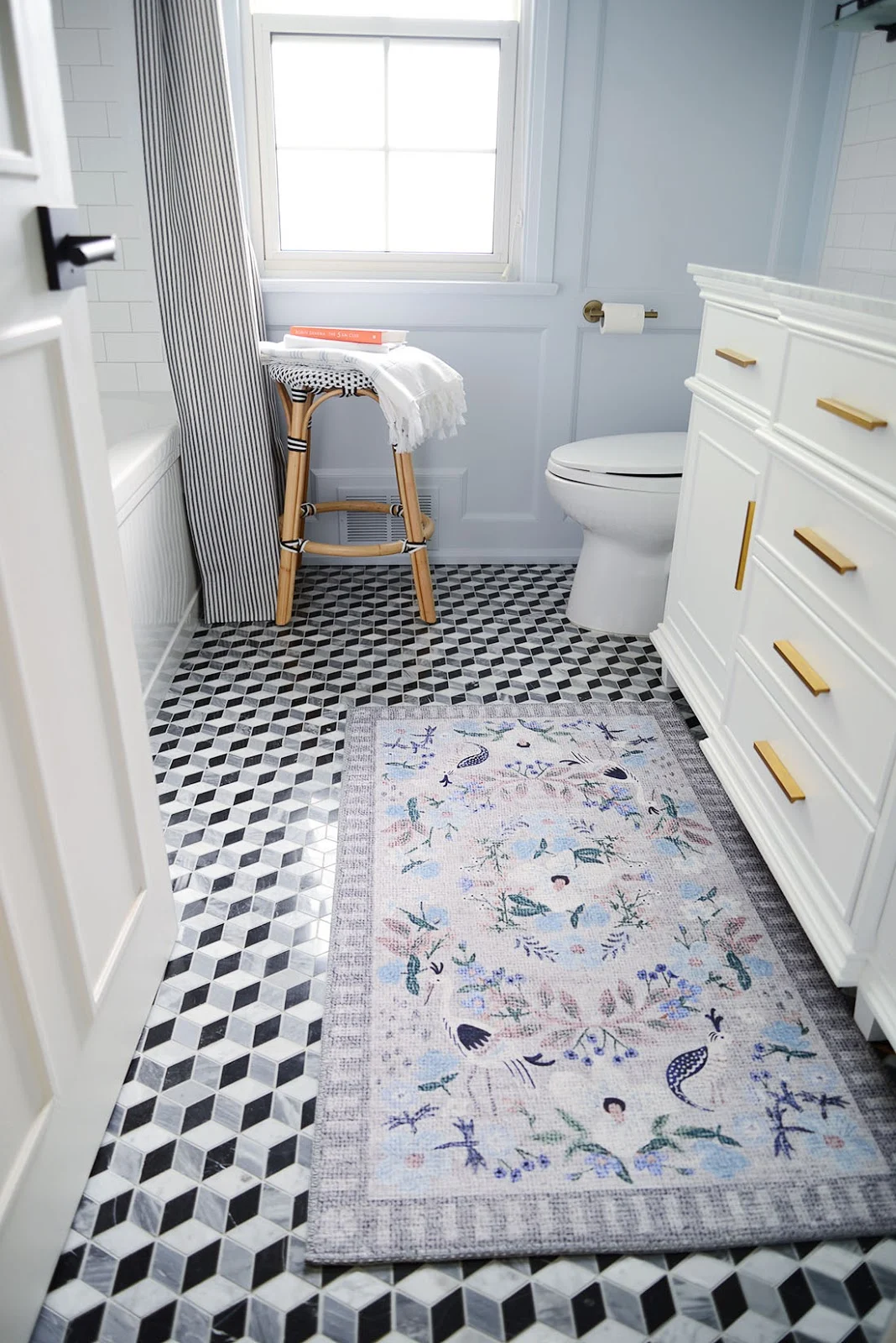 french style bathroom, home depot bathroom remodel, french country bathroom, light blue bathroom, french style bathroom vanity, black white 3d cube tile