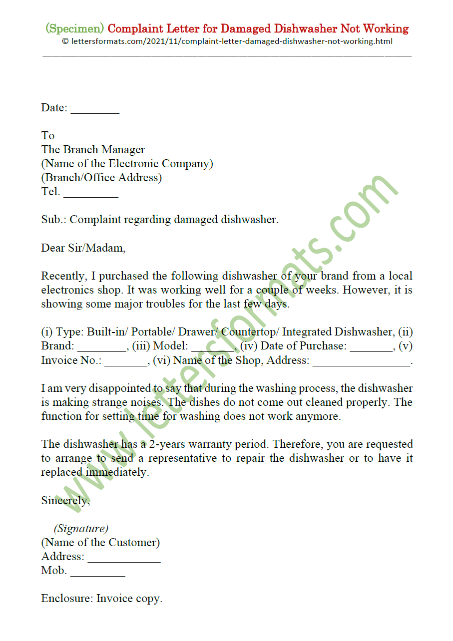 Complaint Letter Format for Damaged Dishwasher Not Working