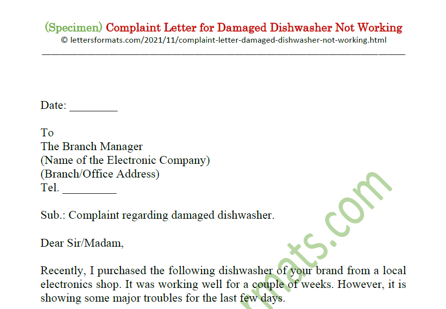 Complaint Letter Format for Damaged Dishwasher Not Working