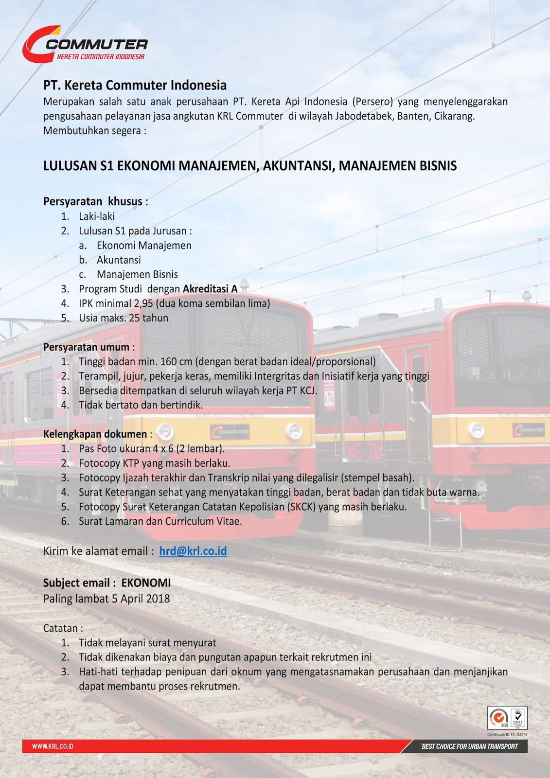 Rekrutmen Pt Kai Commuter Jabodetabek Pendidikan Minimal S1