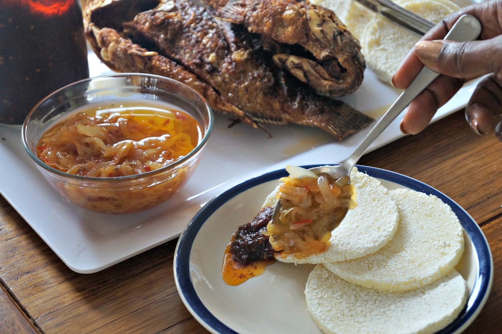 Cassava Bread with Fried Tilapia, Onion and Chilli Gravy Sierra