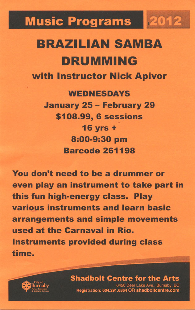 Tina Winterlik Nick's Samba Drum Lessons at Shadbolt Center