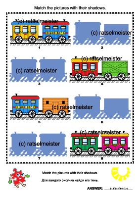 Match the pictures of toy train cars with their shadows - visual logic puzzle
