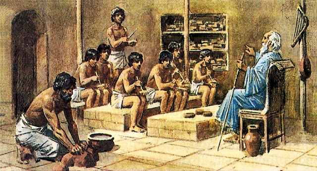 Школа Шумер.  Ученики сидят на скамье из кирпича  (вспомните мастабу из Египта)